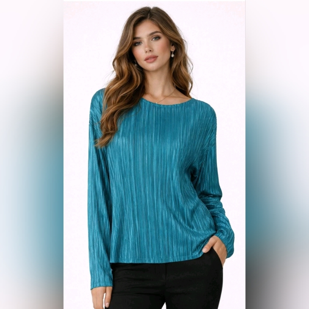 G by Giuliana Women's Black Label Teal Pleated Long Sleeve Blouse Medium Sz Med